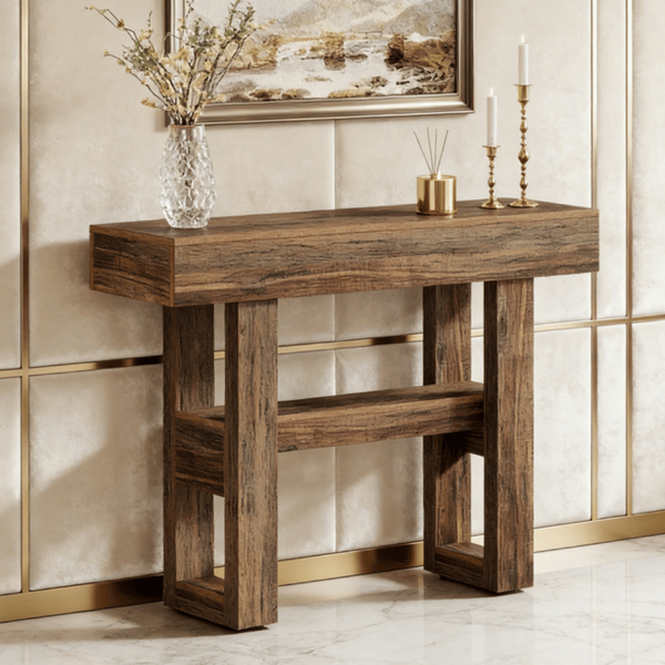 Long console table in rustic brown wood with thick rectangular legs and a lower shelf.