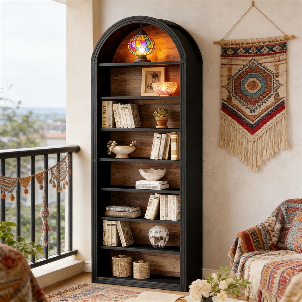 Arched bookshelf, black frame with wood shelves, 8-tier open display unit