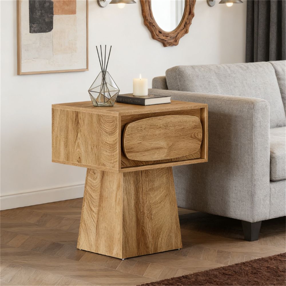 Wooden tea table with storage drawer, small side coffee table in oak finish.