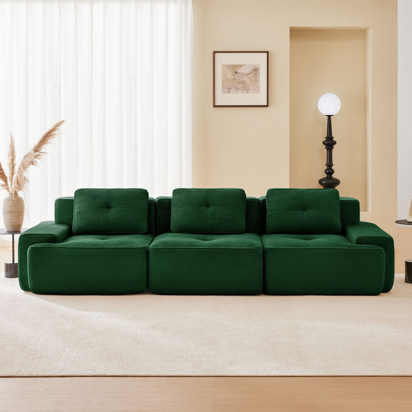 117-inch modern modular sectional sofa in emerald green corduroy fabric with tufted, deep-seat cushions