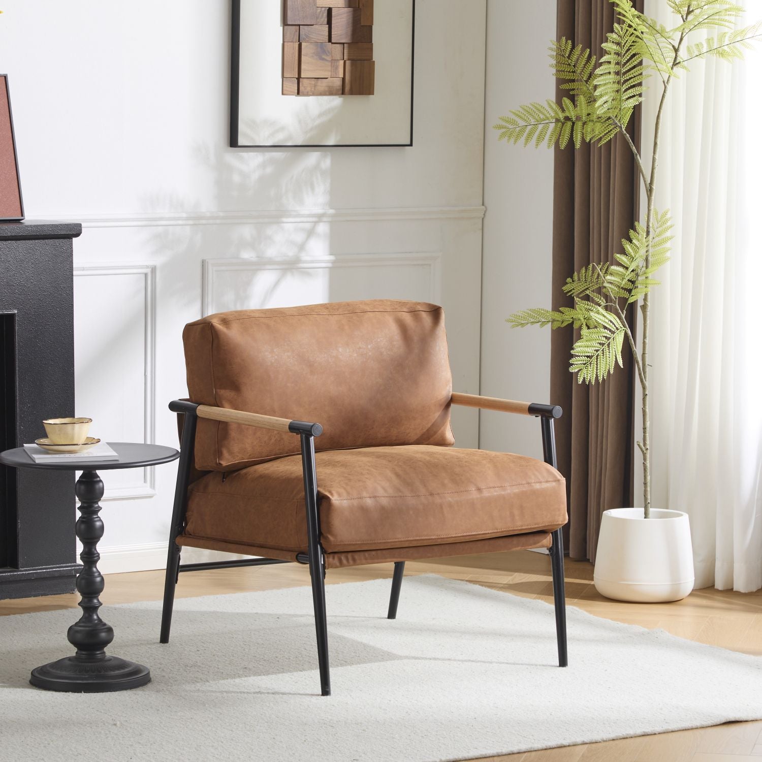 27.56-inch modern accent chair with plush tan cushions, black metal frame, wooden armrests