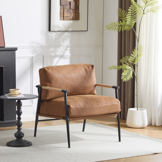 27.56-inch modern accent chair with plush tan cushions, black metal frame, wooden armrests