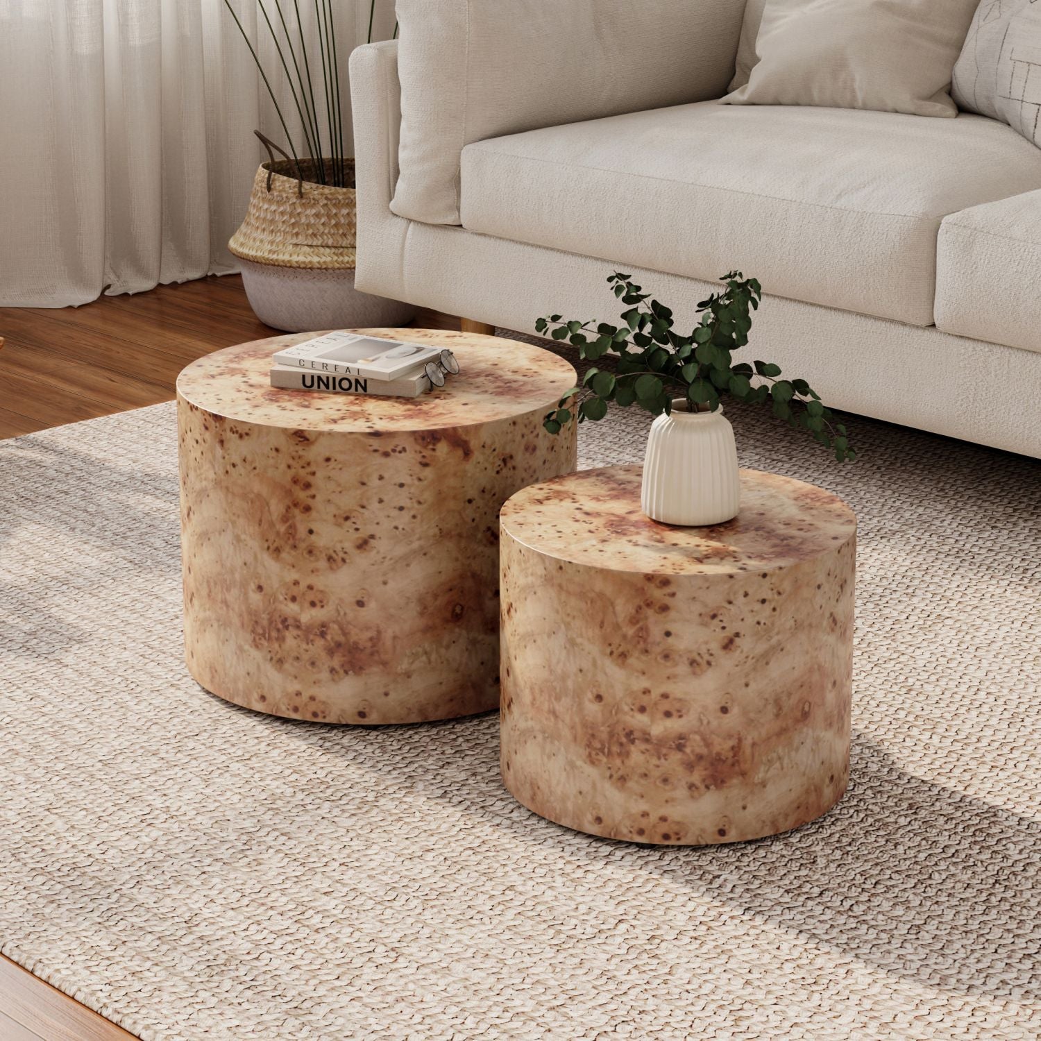 Nesting round coffee tables set of 2 with beige marble‑look finish in living room