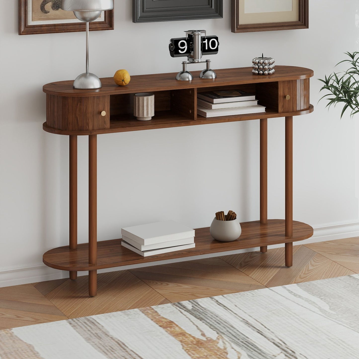 Doba fluted console table in walnut wood with slatted end storage and two open shelves.