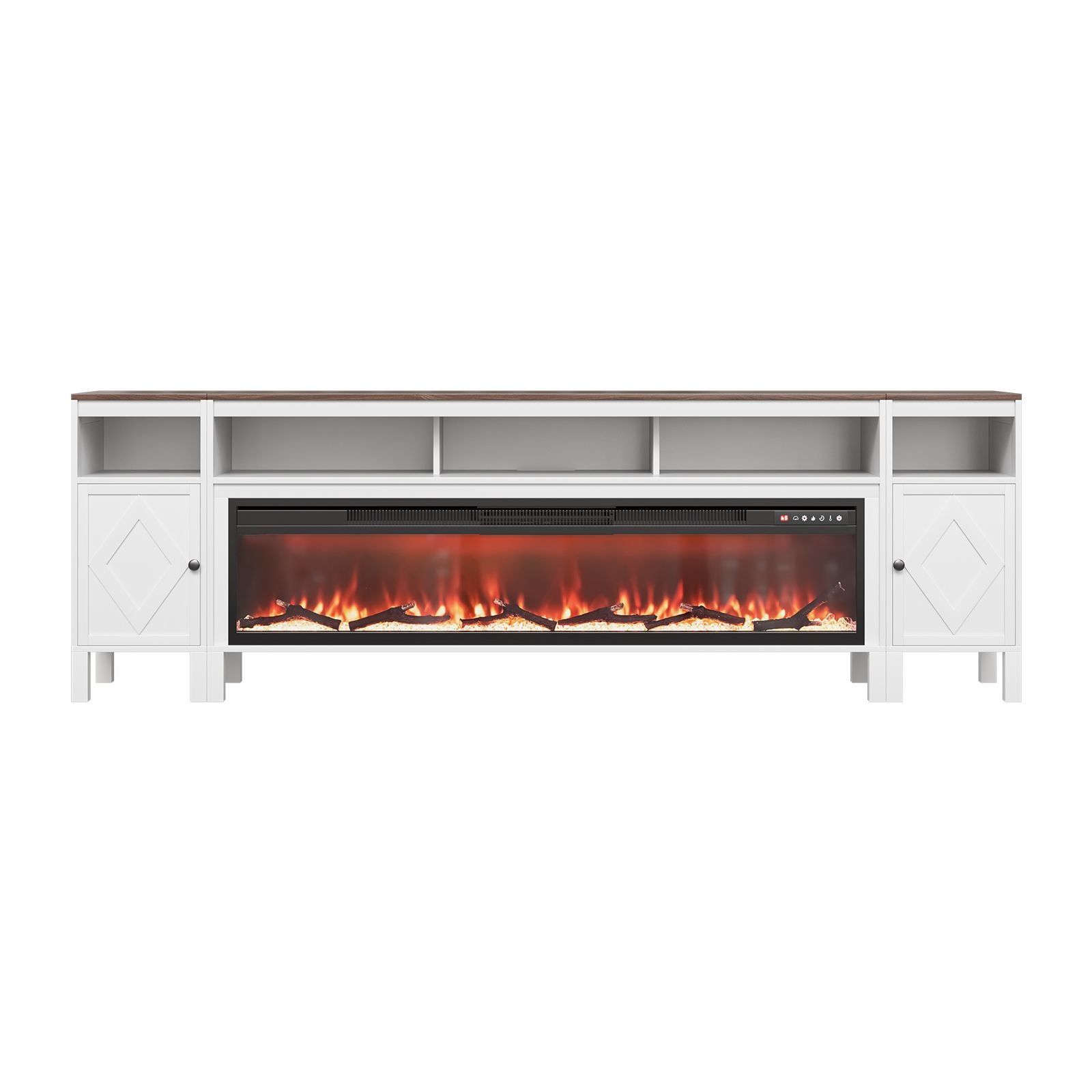 Fireplace TV stand by Doba, farmhouse white with wood top, built-in electric fireplace, for TVs up to 100 inches