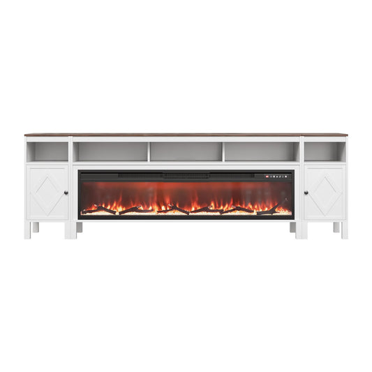 Fireplace TV stand by Doba, farmhouse white with wood top, built-in electric fireplace, for TVs up to 100 inches