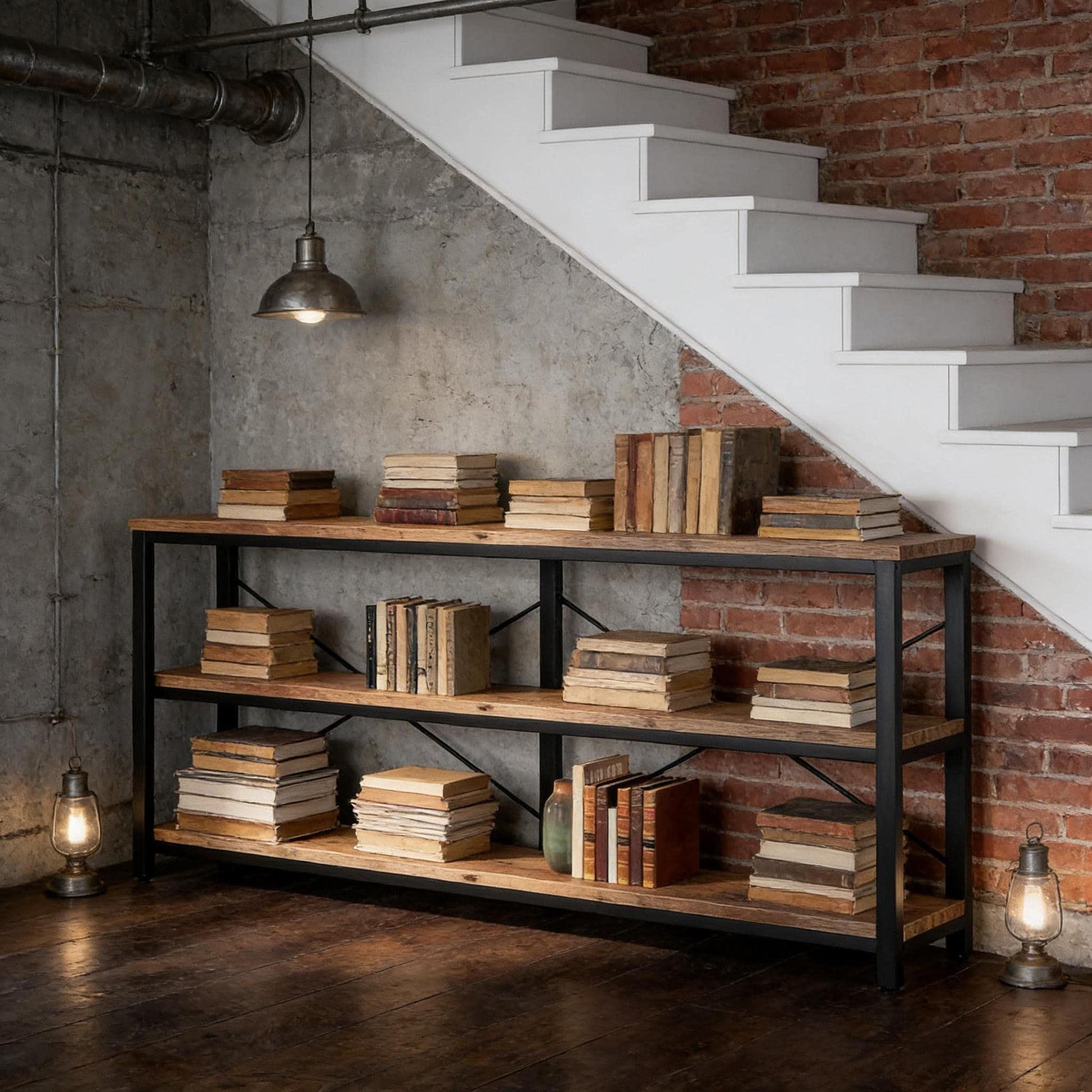 Console table, 3-tier sofa table with metal frame in white finish for industrial loft decor