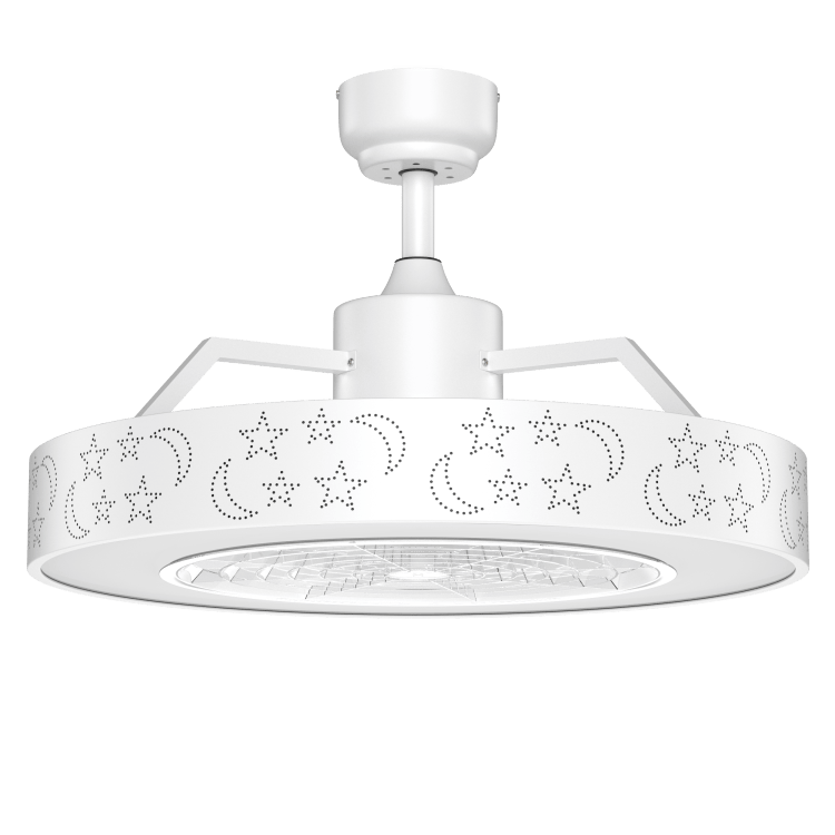White 23-inch ceiling fan with LED light and remote control featuring a star and crescent pattern on the housing.