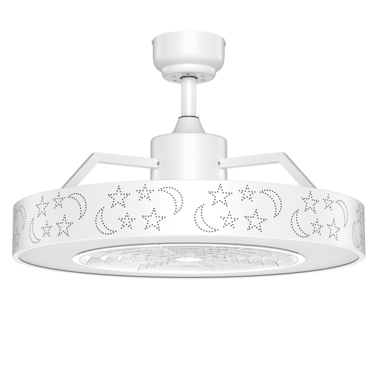 White 23-inch ceiling fan with LED light and remote control featuring a star and crescent pattern on the housing.