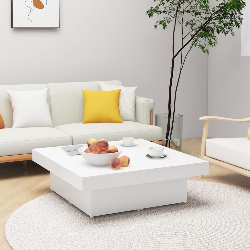 Coffee table, white engineered wood, large modern square, in a contemporary living room
