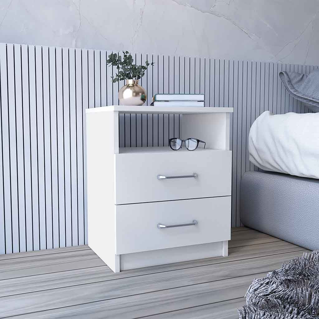 Nightstand Olienza white finish with two drawers and open shelf