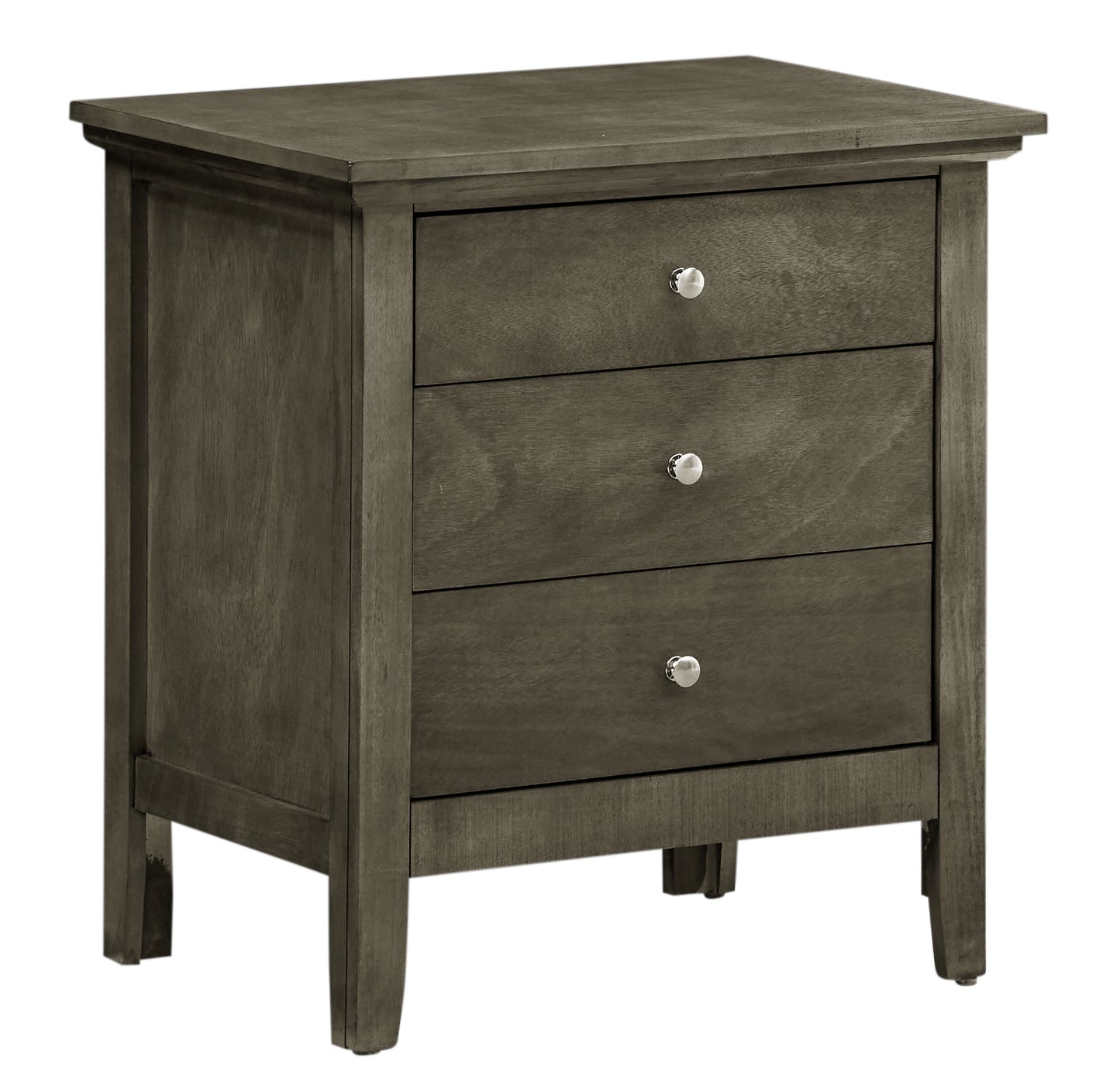 Doba contemporary gray wood nightstand with multiple drawers and silver knob pulls
