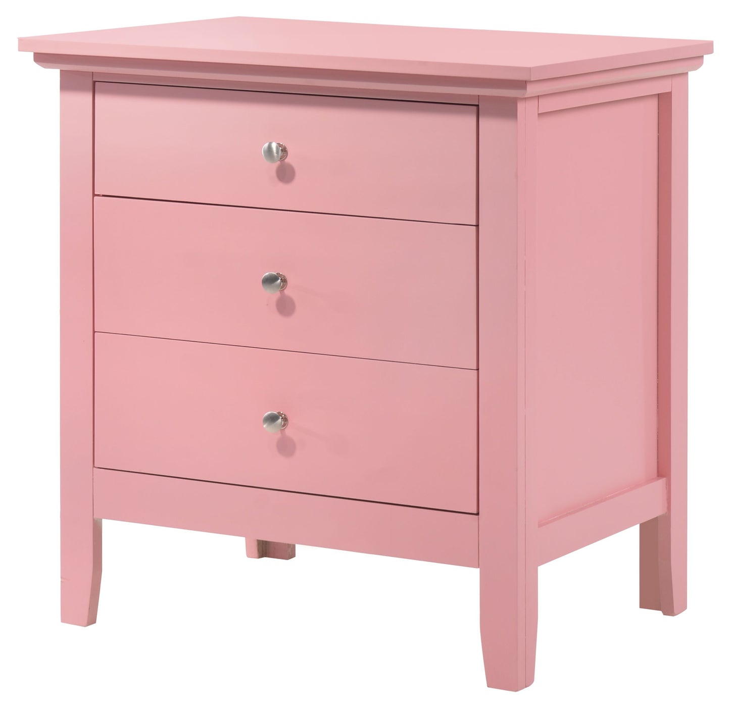 Pink wooden nightstand with storage and three drawers, silver knobs