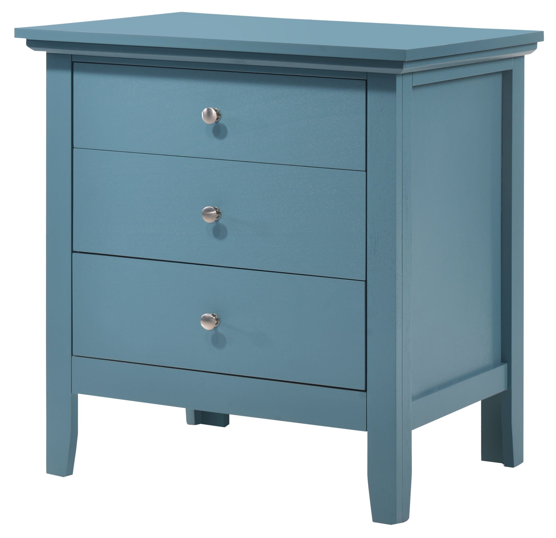 Casual teal storage nightstand with three drawers by Doba and silver knobs