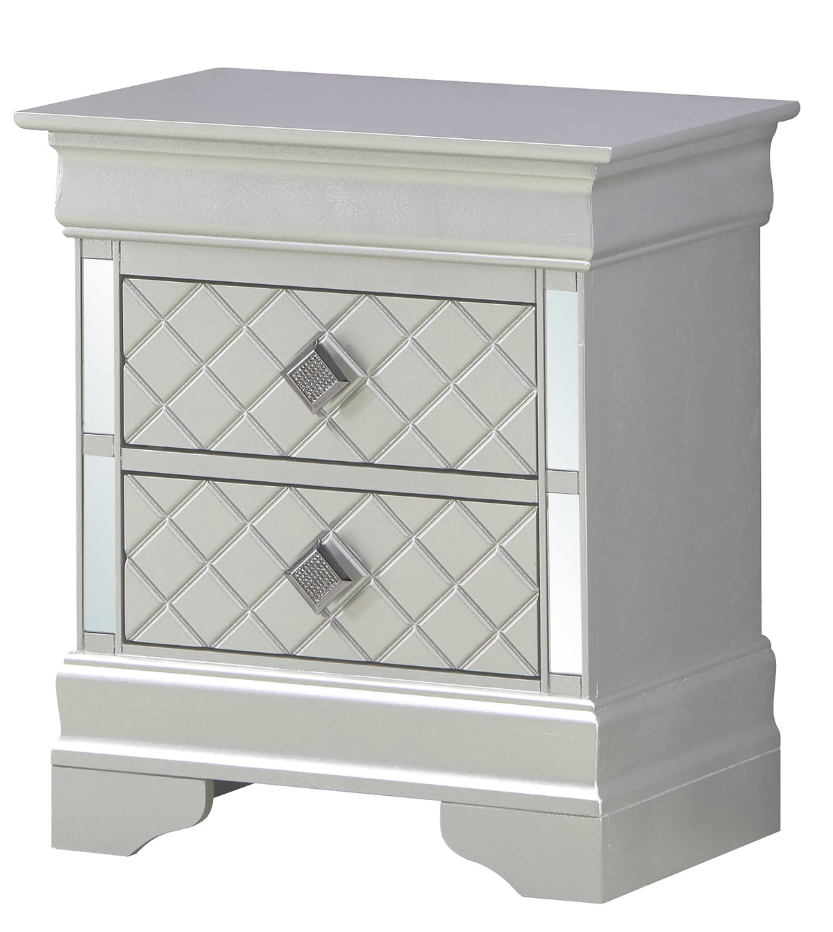 Sleek silver champagne mirrored nightstand with diamond-quilted front and crystal knob by Doba.