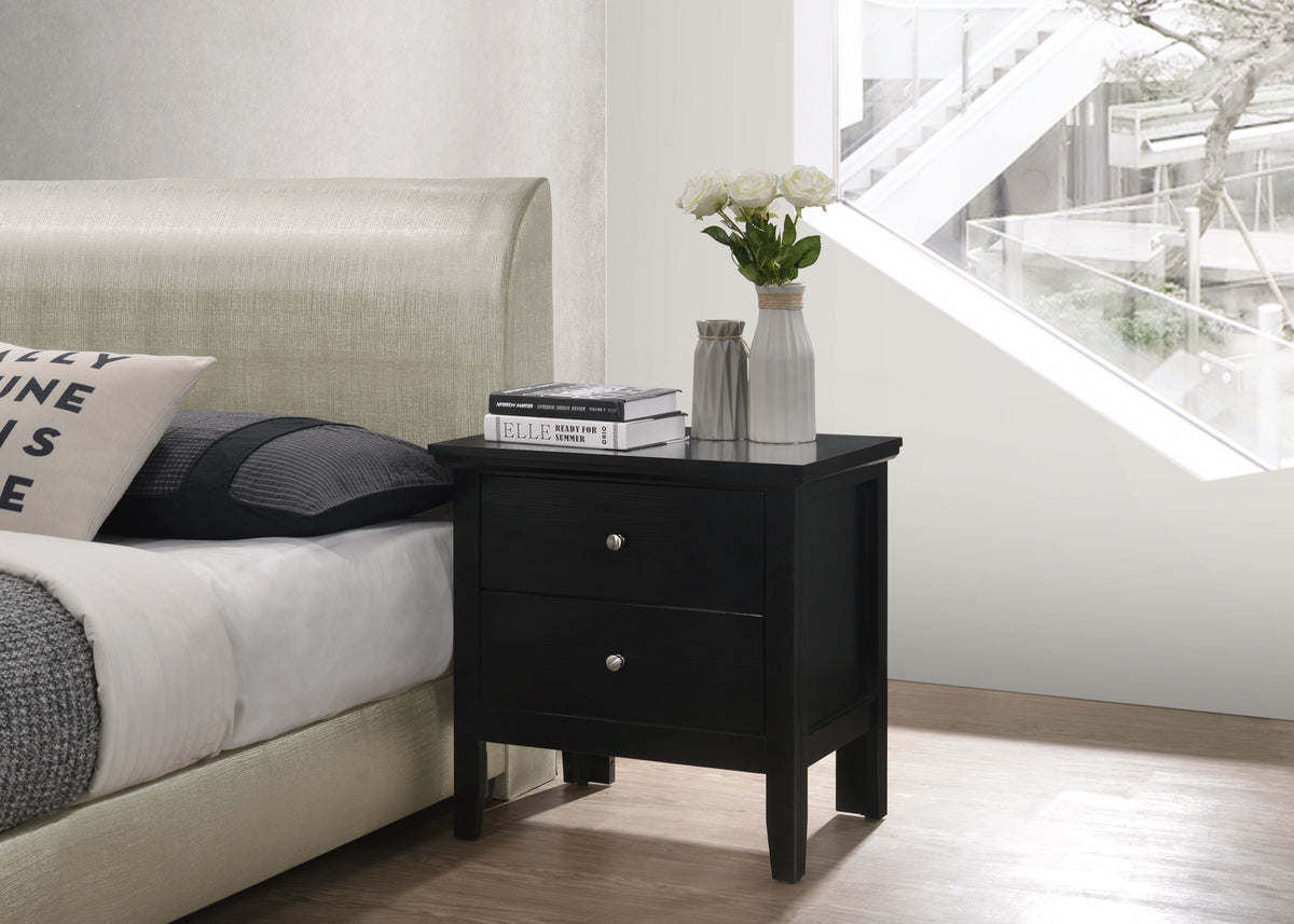 Stylish Transitional Black Nightstand with two drawers, topped by two vases and magazines
