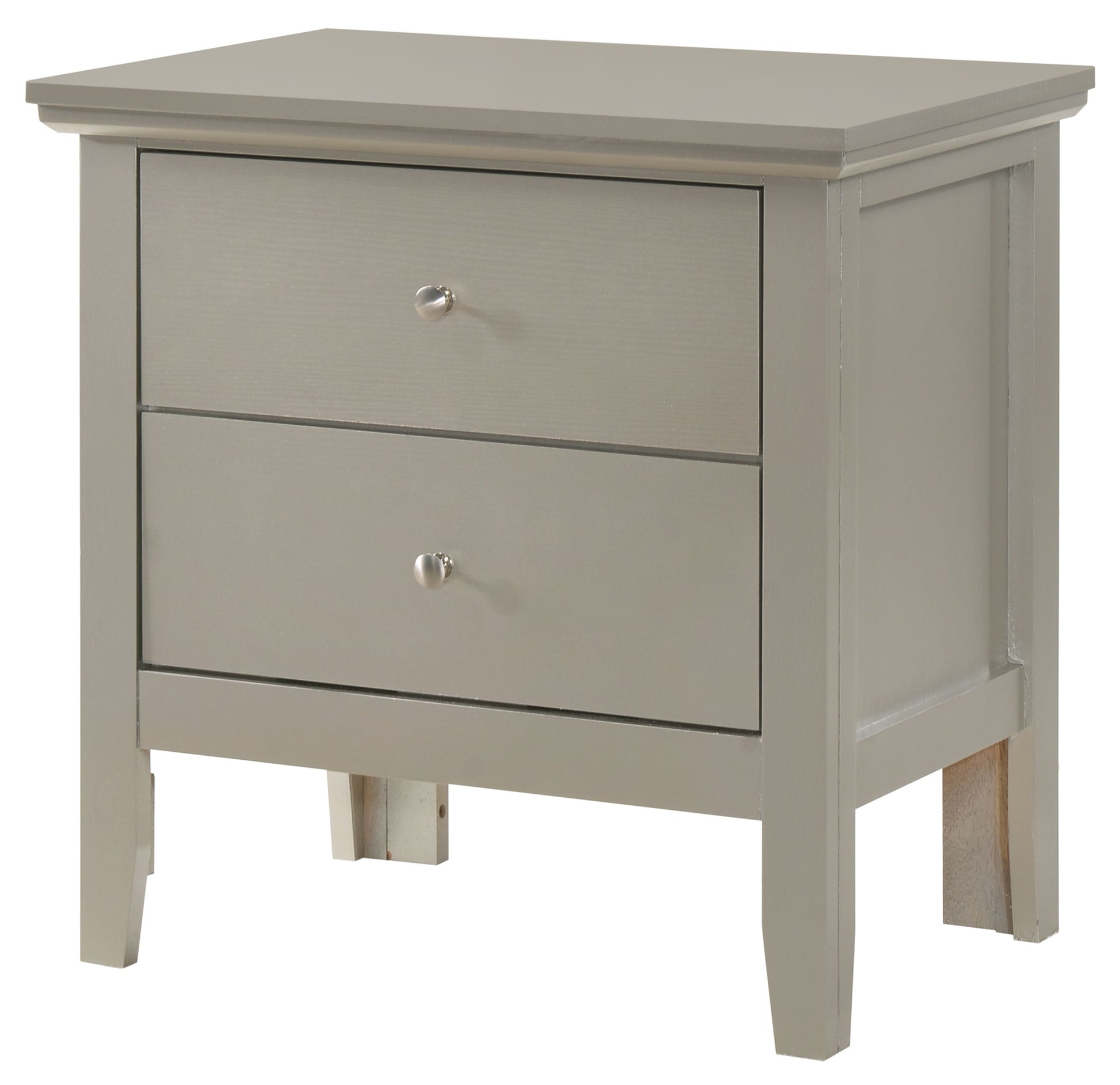 Elegant Silver Champagne Nightstand by Doba with two drawers and metal knobs.