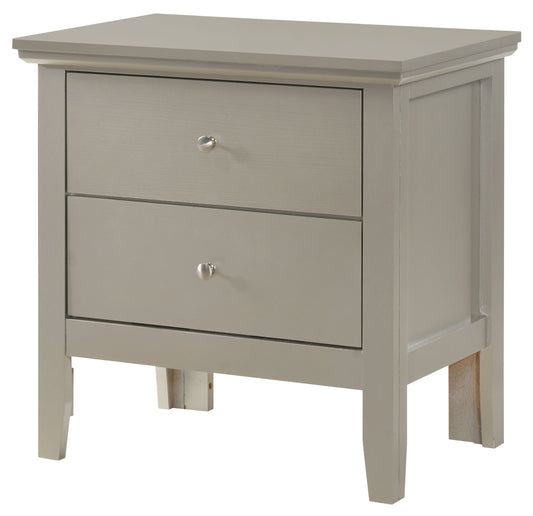Elegant Silver Champagne Nightstand by Doba with two drawers and metal knobs.