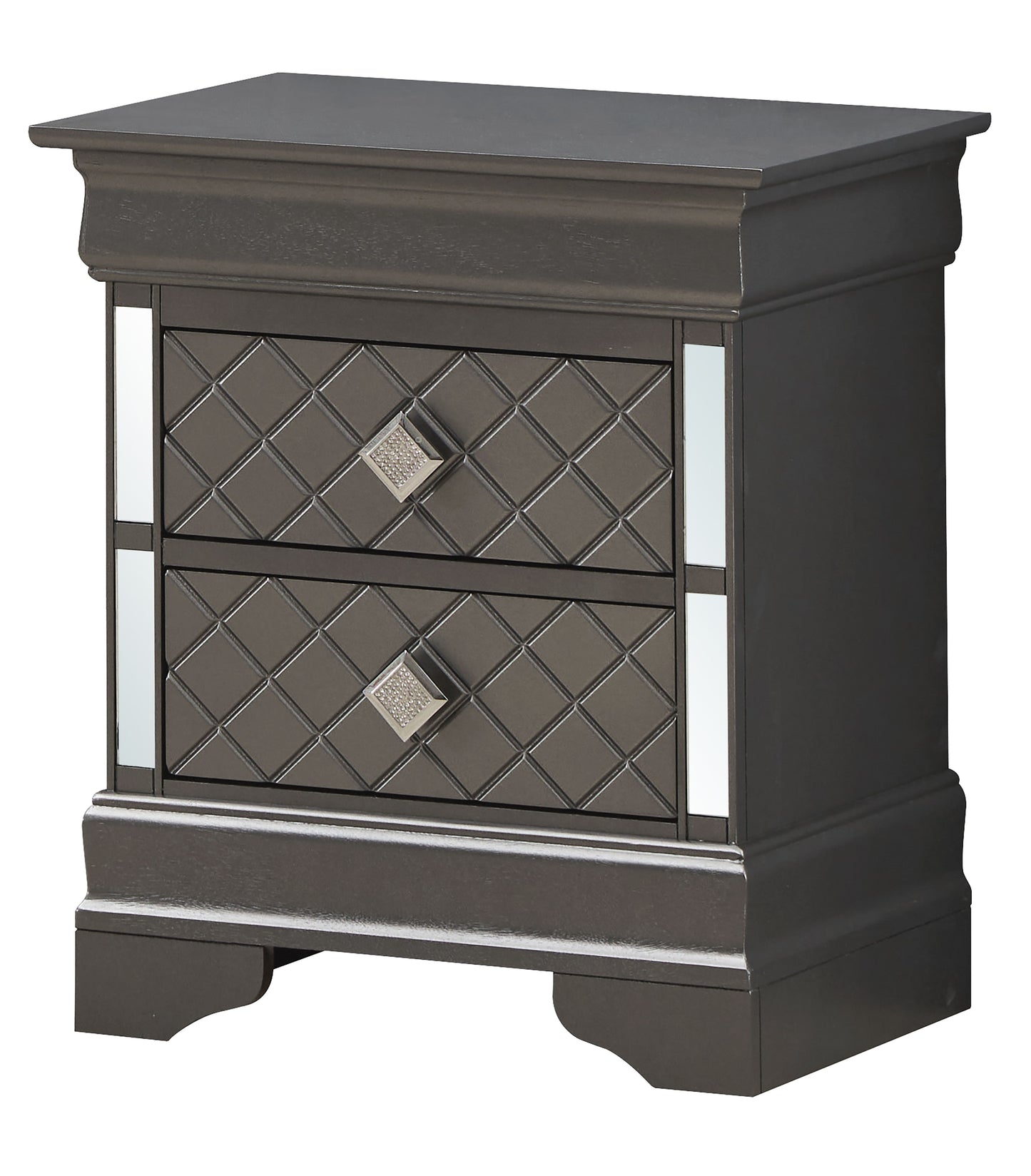 Chic metallic black modern nightstand with diamond-pattern front and mirrored trim