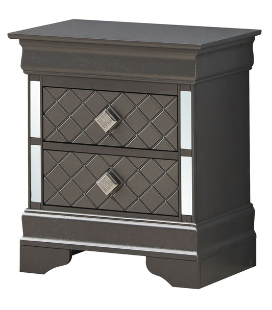 Chic metallic black modern nightstand with diamond-pattern front and mirrored trim