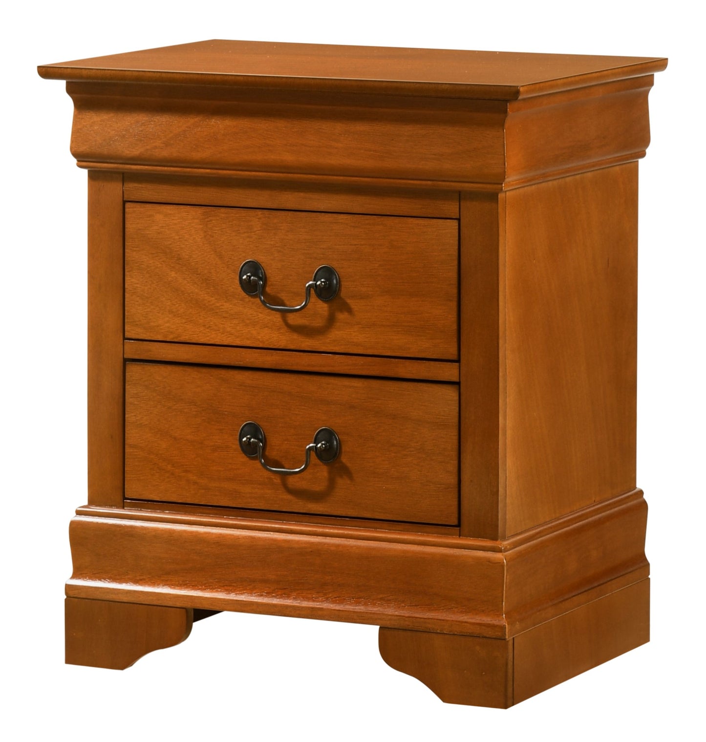 Elegant oak nightstand with 2 drawers, traditional style, black metal pulls