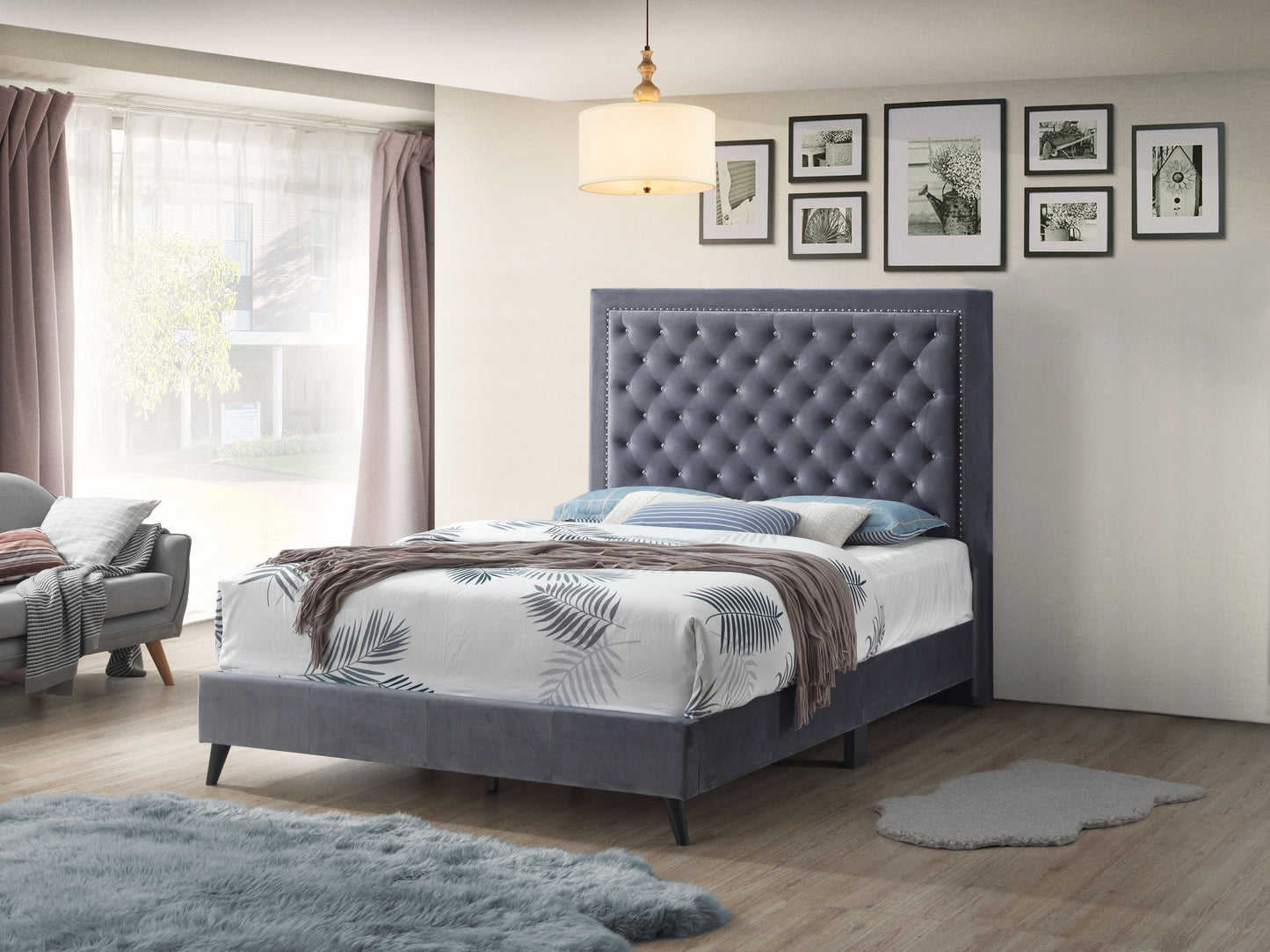 Chic Gray Glam Queen Bed by Doba with tufted upholstered headboard and nailhead trim.