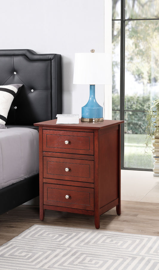 Cherry nightstand with multiple drawers beside bed, blue ceramic lamp on top