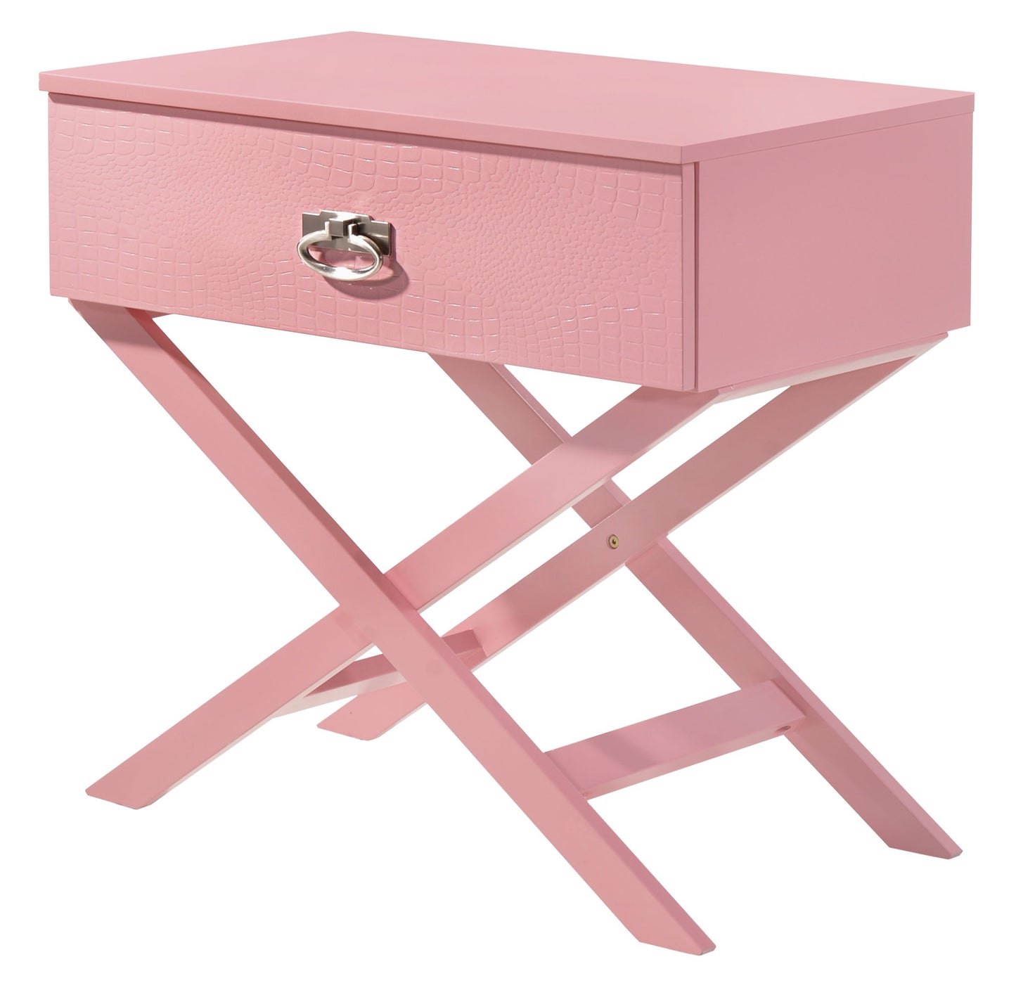 Pink nightstand with crocodile-textured drawer front and silver ring pull, modern design