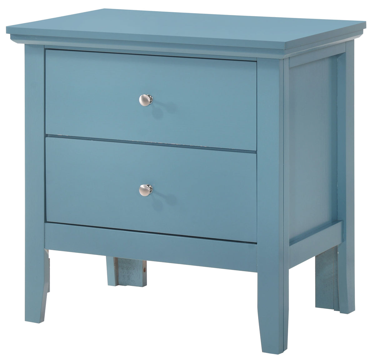 Teal nightstand with two drawers and silver knobs, modern bedside table