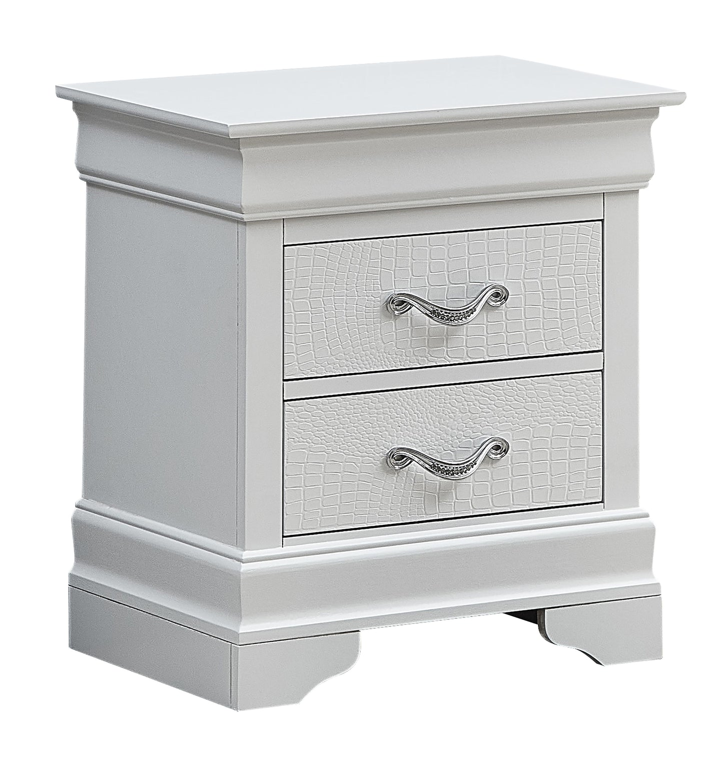 Silver champagne transitional nightstand with croc-textured drawer fronts and ornate handles