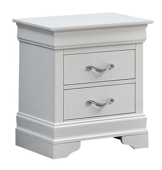 Silver champagne transitional nightstand with croc-textured drawer fronts and ornate handles