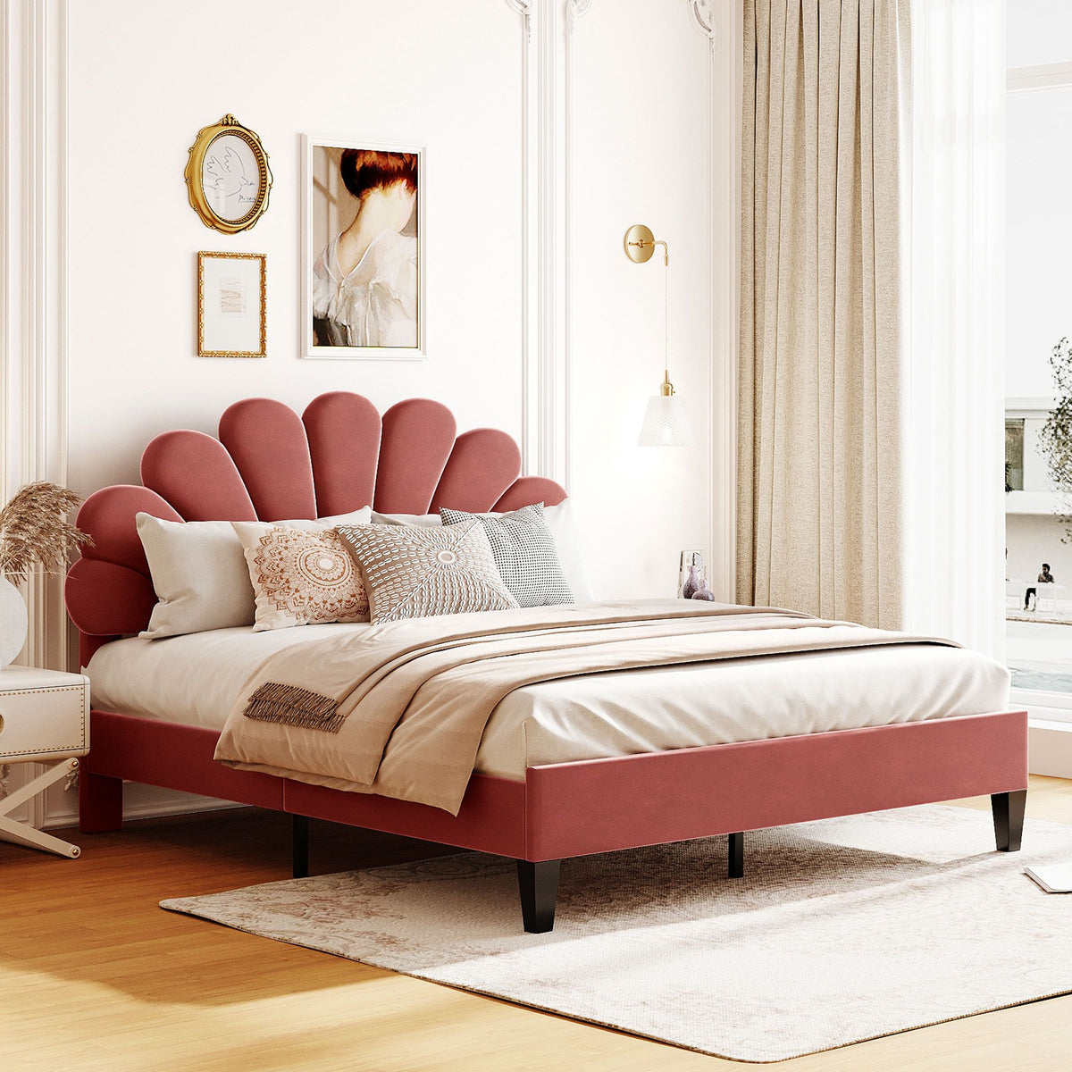 Queen size upholstered platform bed with flower-pattern velvet headboard in bean paste red, by Doba