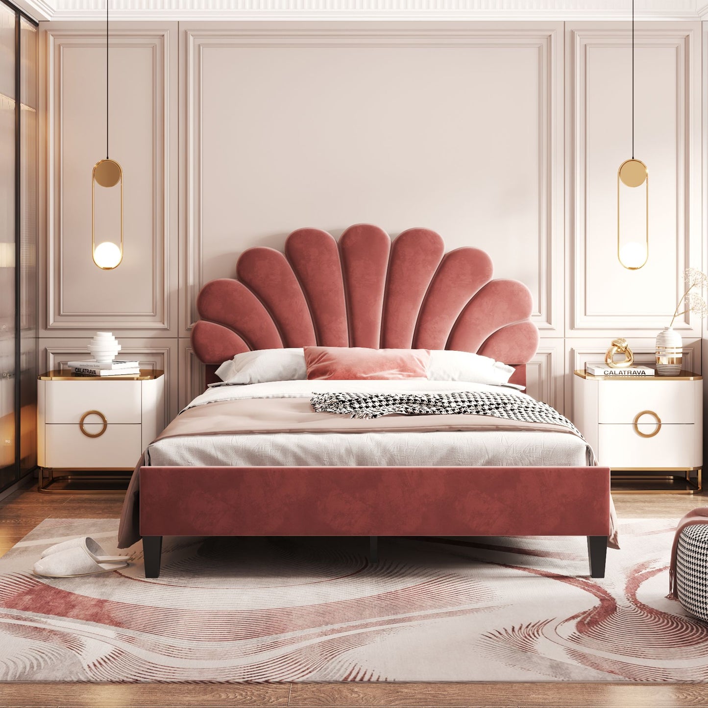 Full-size upholstered platform bed with bean paste red velvet flower-pattern headboard.