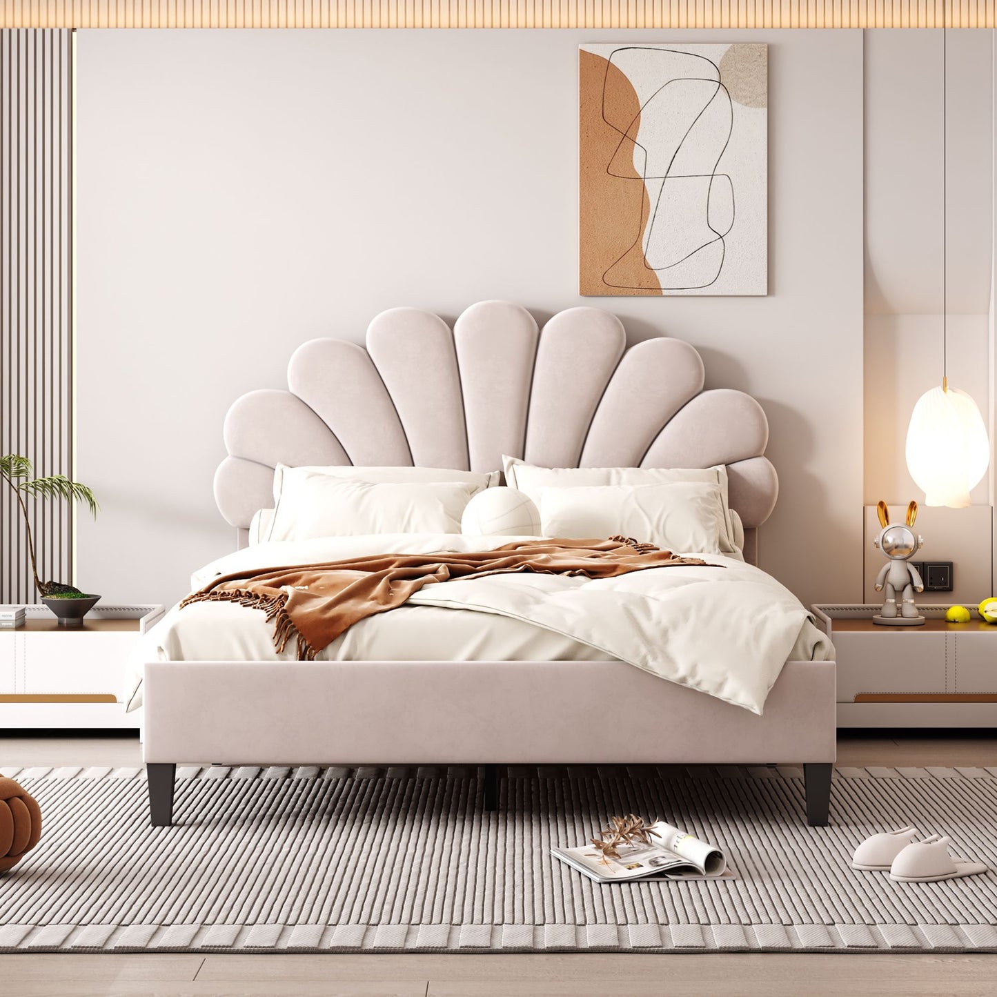 Full-size upholstered platform bed in beige velvet with a shell-shaped headboard.