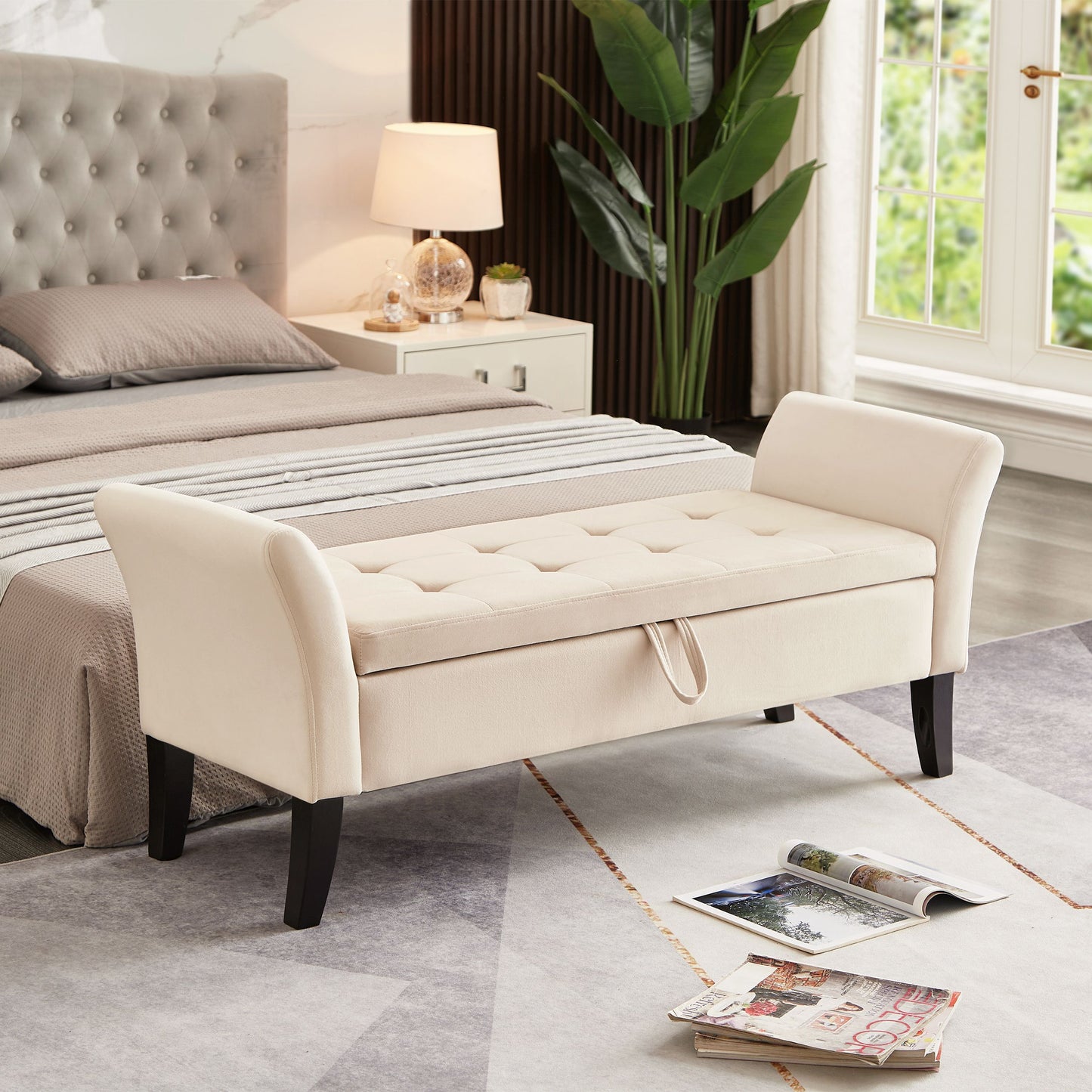 51.5-inch bed bench with storage in beige velvet, tufted upholstery with lift-top storage