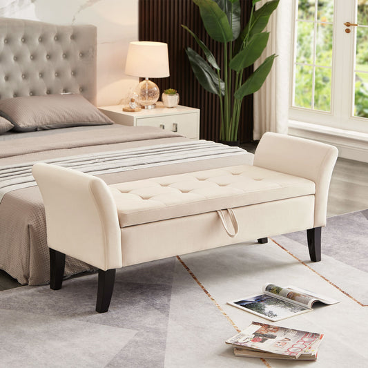 51.5-inch bed bench with storage in beige velvet, tufted upholstery with lift-top storage