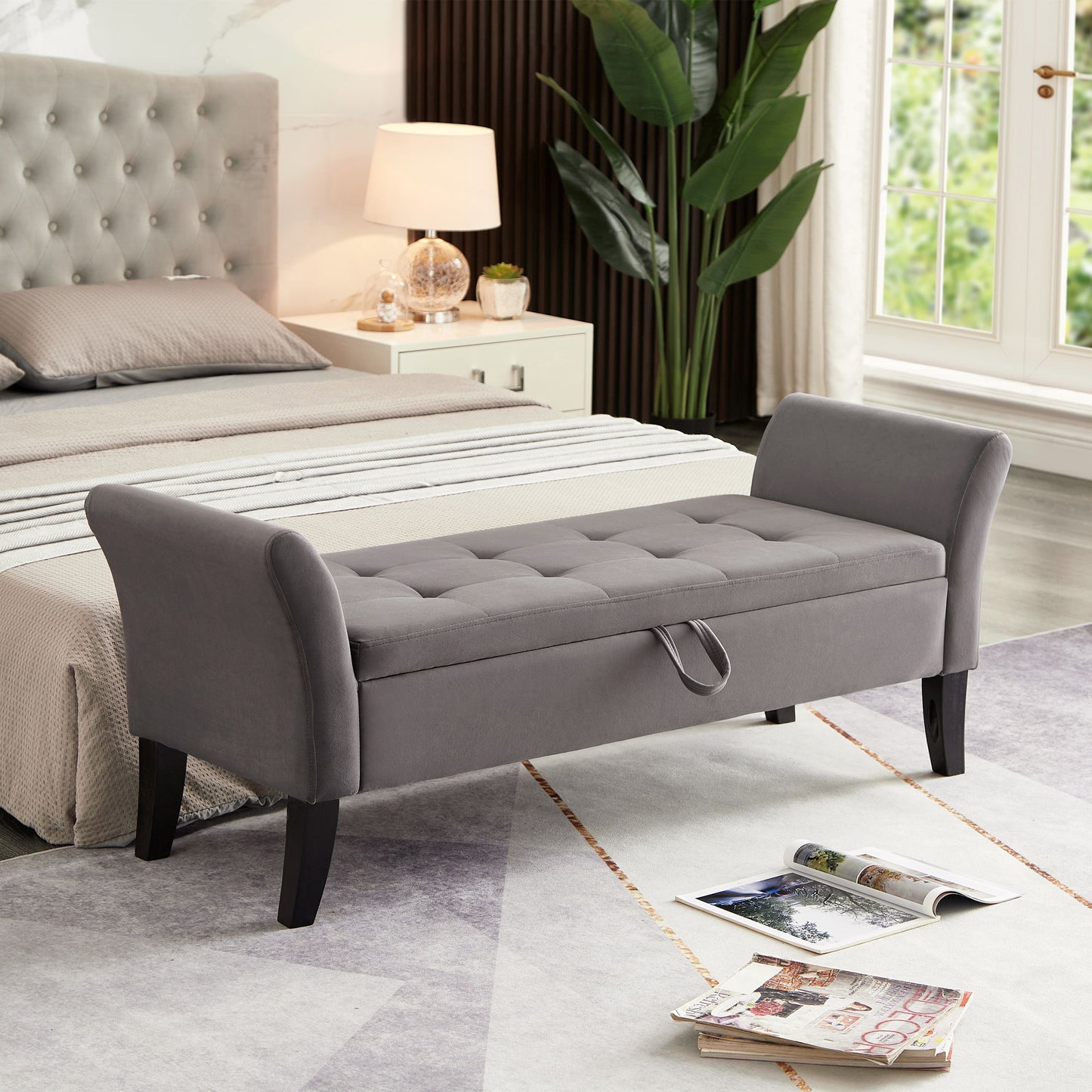51.5-inch grey velvet bed bench with storage at foot of bed in a modern bedroom