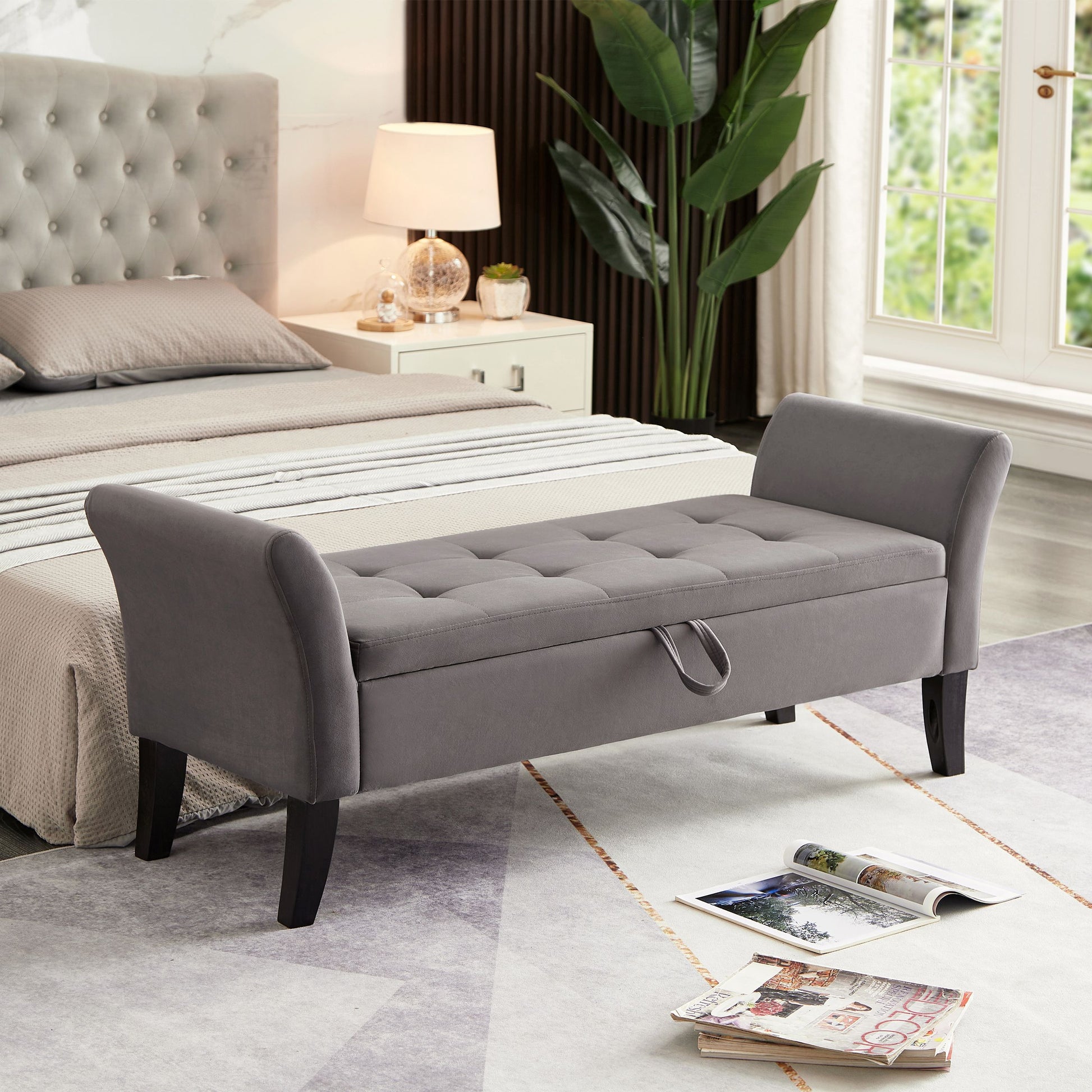 51.5-inch grey velvet bed bench with storage at foot of bed in a modern bedroom