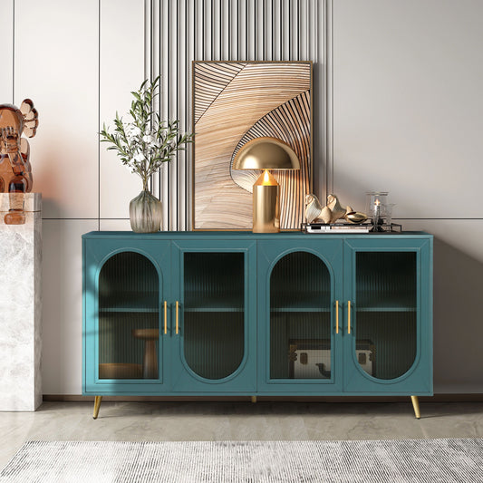 Teal TV stand with glass panel doors and gold handles.