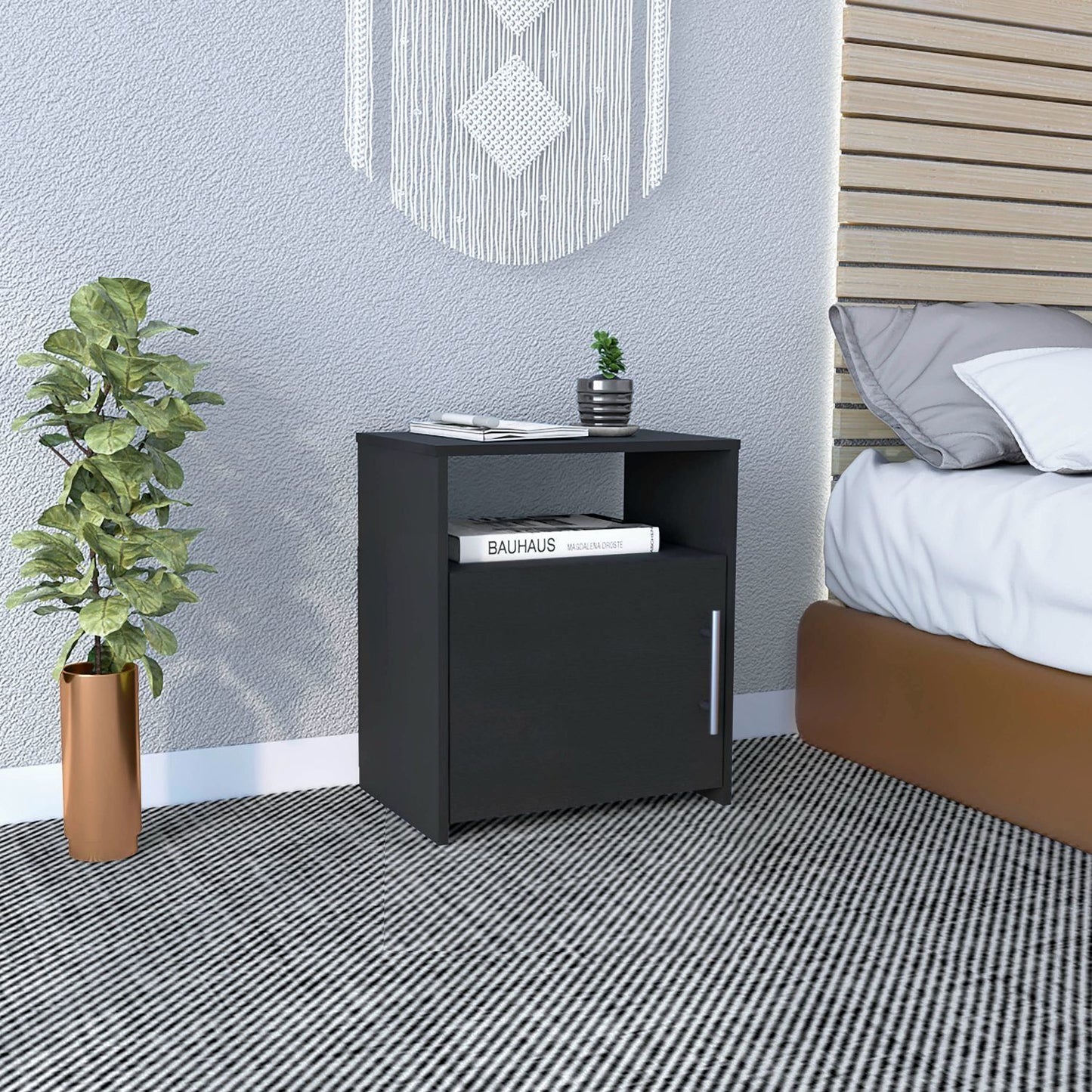 DEPOT E-SHOP Omaha nightstand, black bedside cabinet with single-door storage, metal handle and open shelf