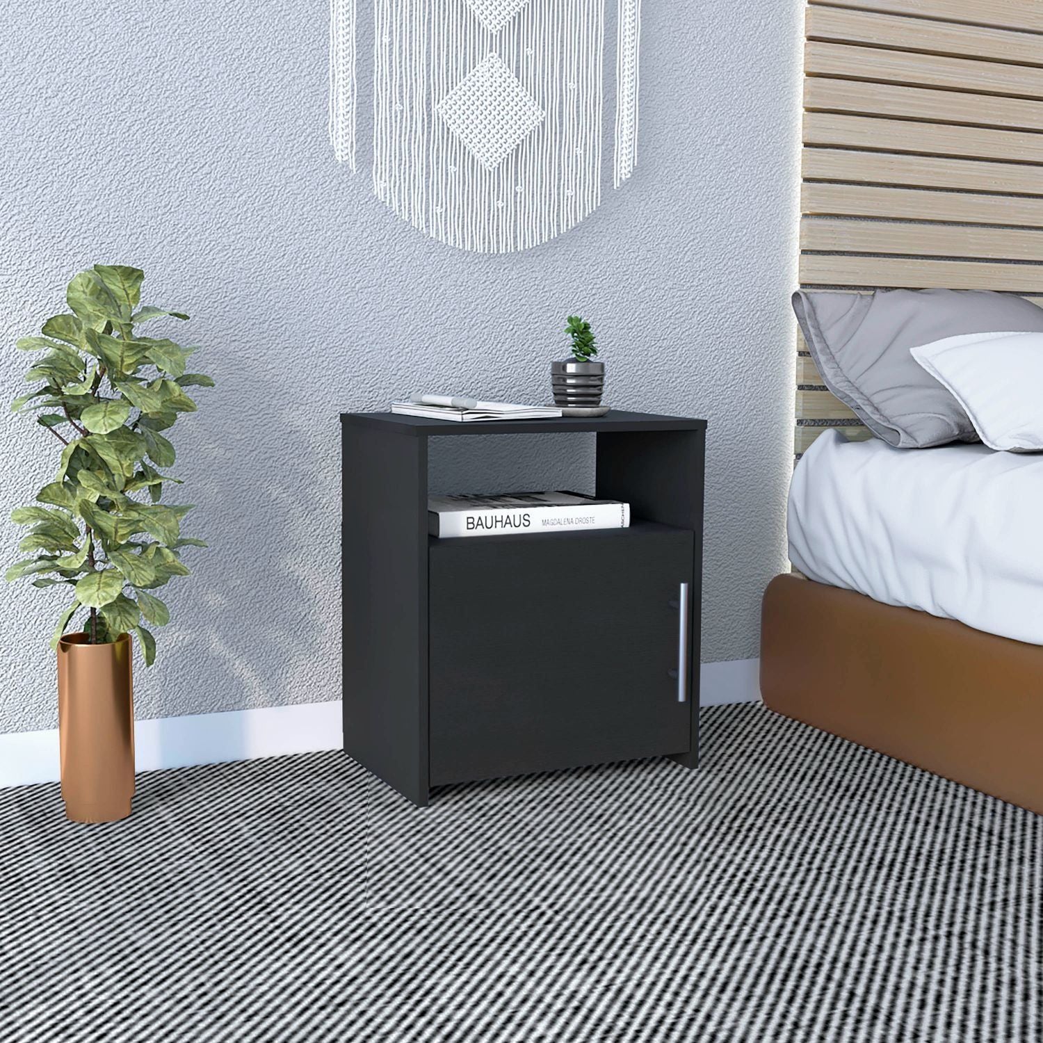 DEPOT E-SHOP Omaha nightstand, black bedside cabinet with single-door storage, metal handle and open shelf