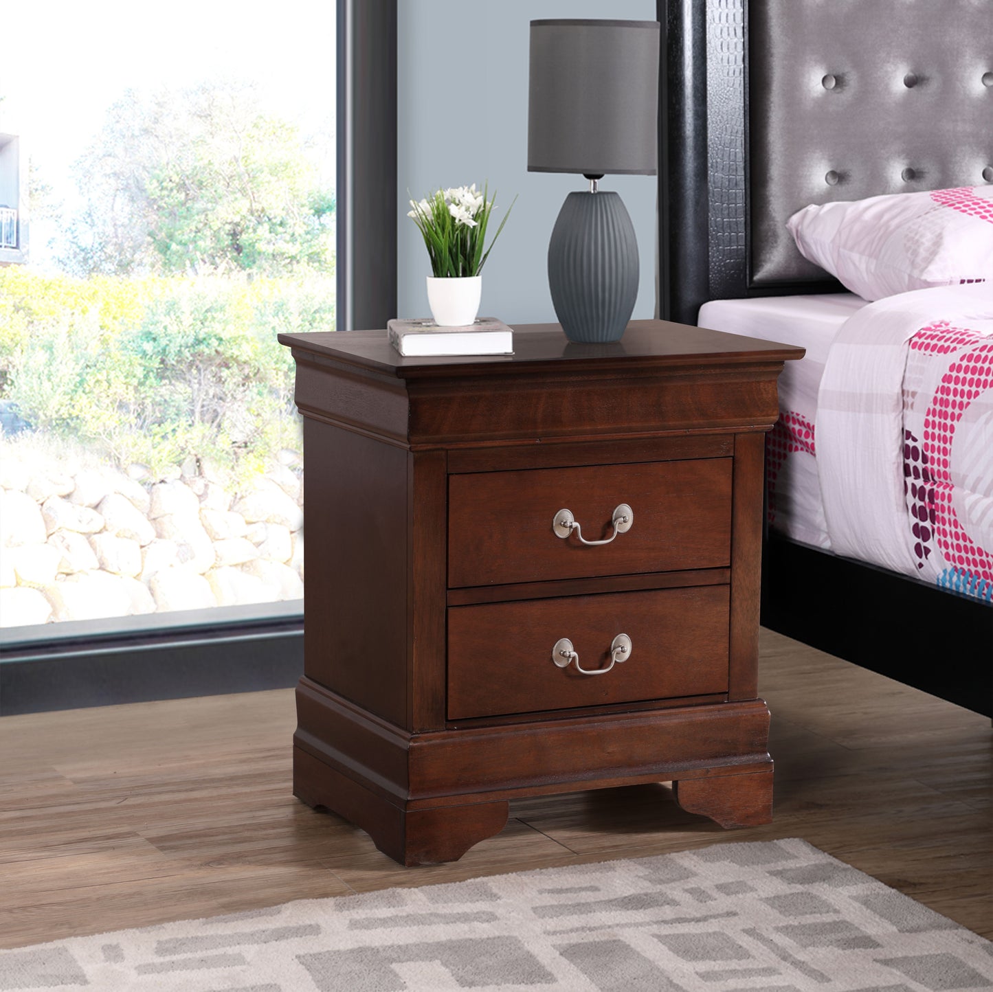 Louis Phillipe G3125-N Cappuccino nightstand with three drawers and metal pulls