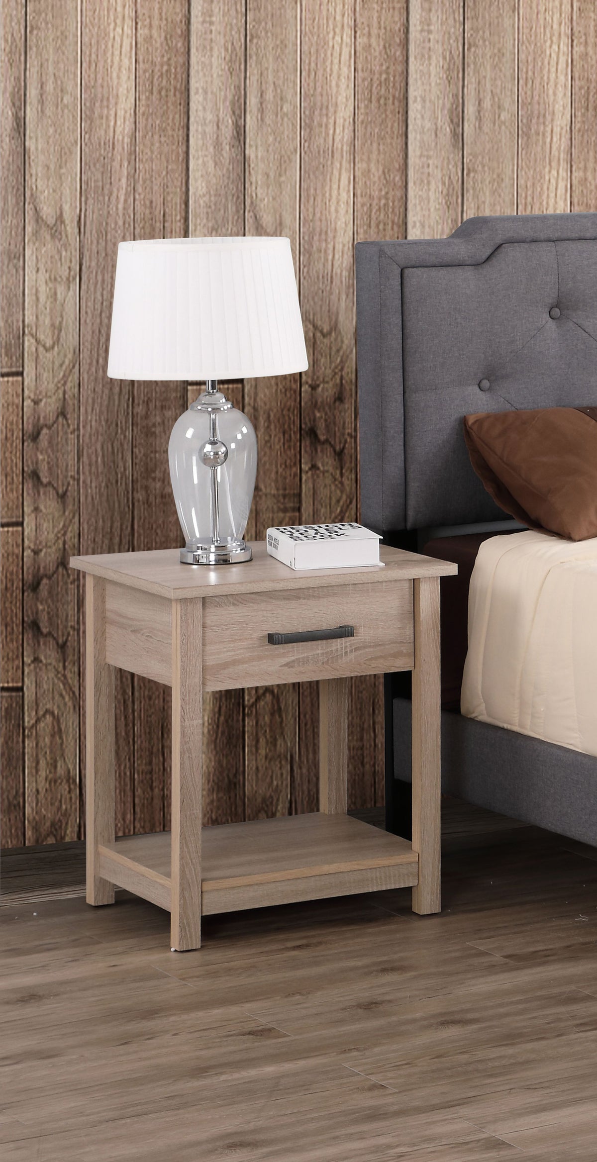 Sleek sandalwood nightstand with one drawer and a lower shelf in light wood finish