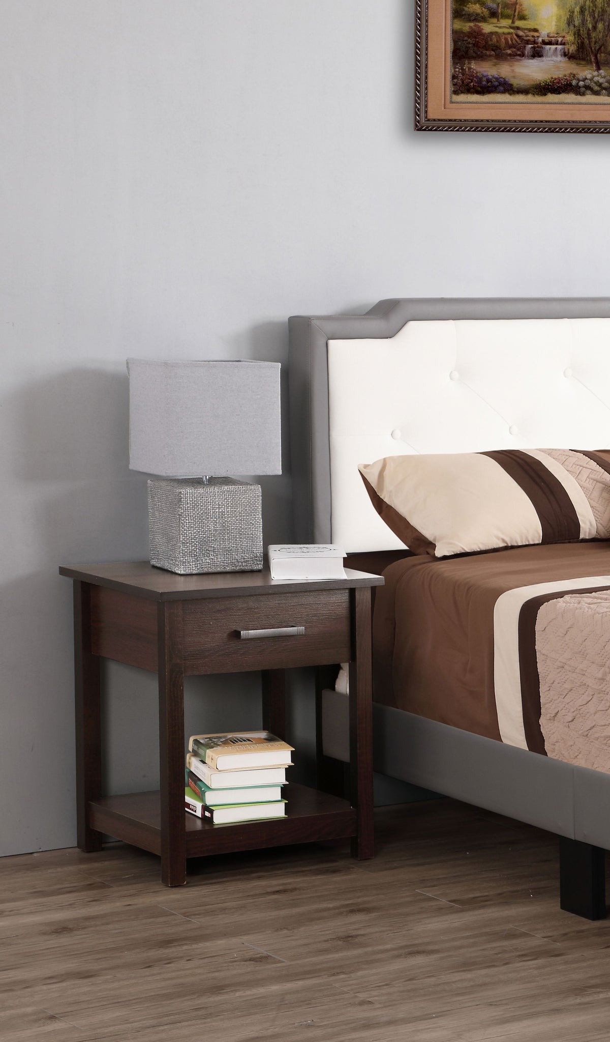Sleek contemporary nightstand in wenge wood with a single drawer and lower open shelf