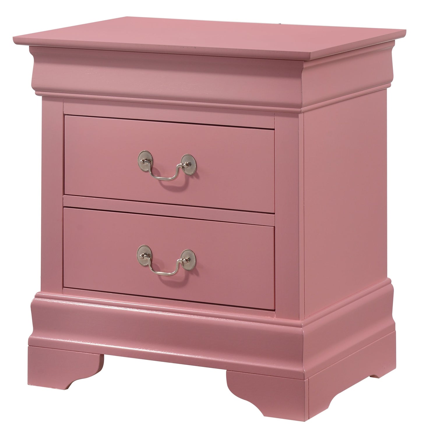 Charming Pink Traditional Nightstand with crown molding and silver drawer pulls