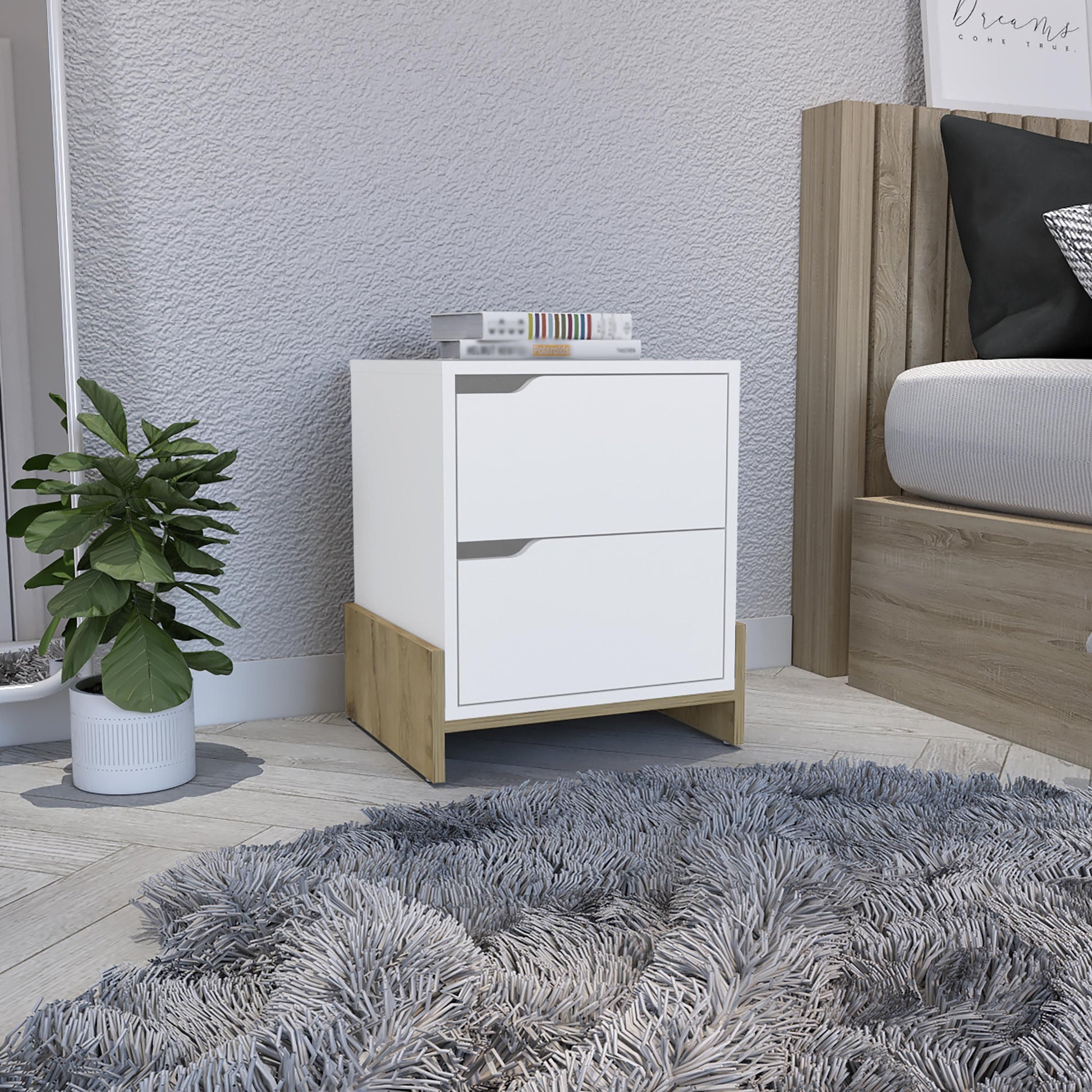 Haines nightstand with 2 drawers, white body and macadamia wood base