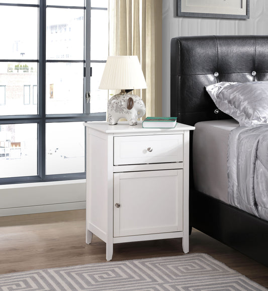 Elegant white nightstand with two drawers and a ceramic elephant lamp on top.