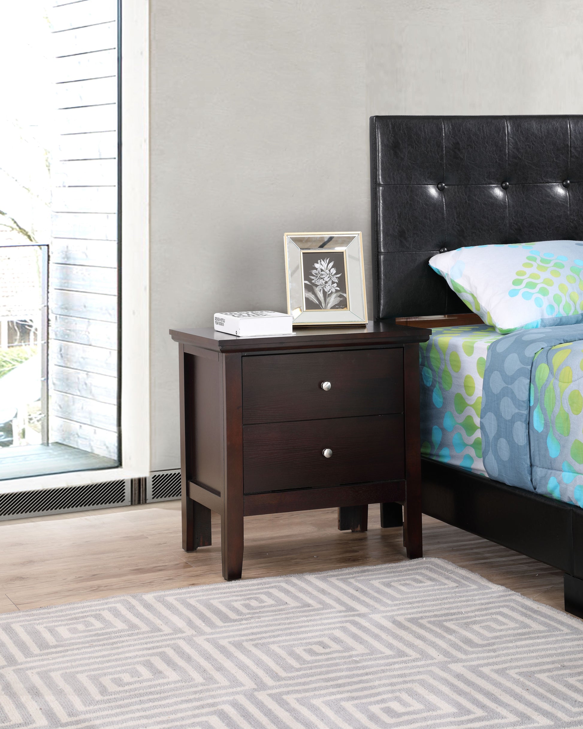 Chic Espresso Nightstand with two storage drawers, dark wood finish, beside the bed