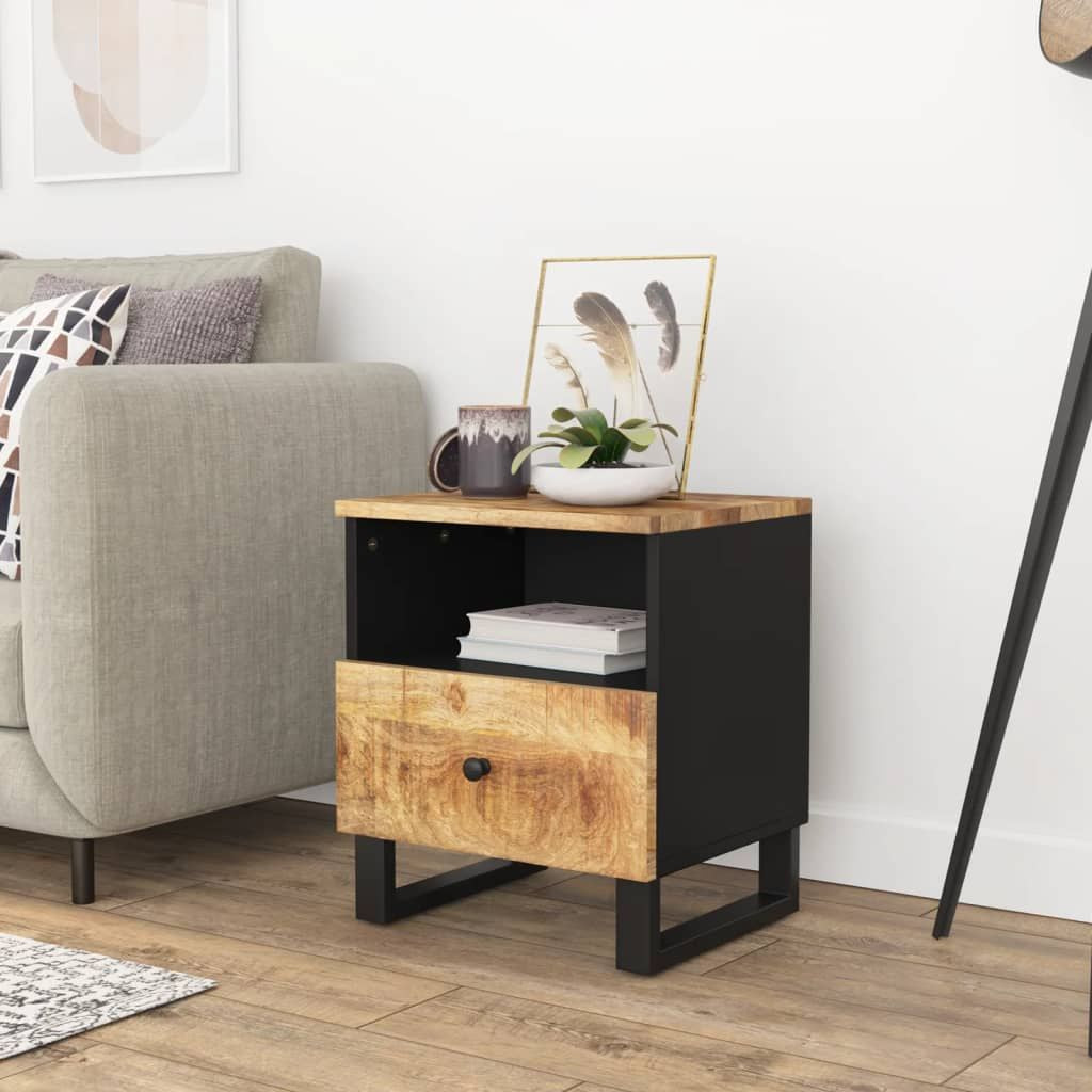 Bedside cabinet in natural mango wood with black body, open shelf and single drawer on metal legs