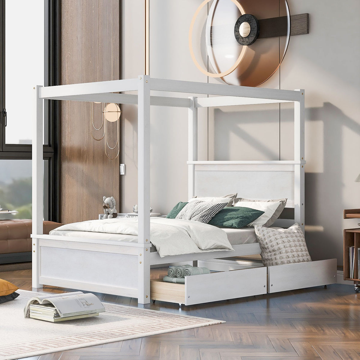 White wood canopy bed with two storage drawers, full-size platform frame